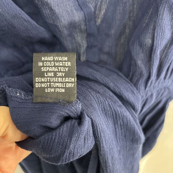 Boho Navy Blue Floral Print Maxi Crossover Neck Dress Rayon Smocked Waist Medium - Picture 10 of 10